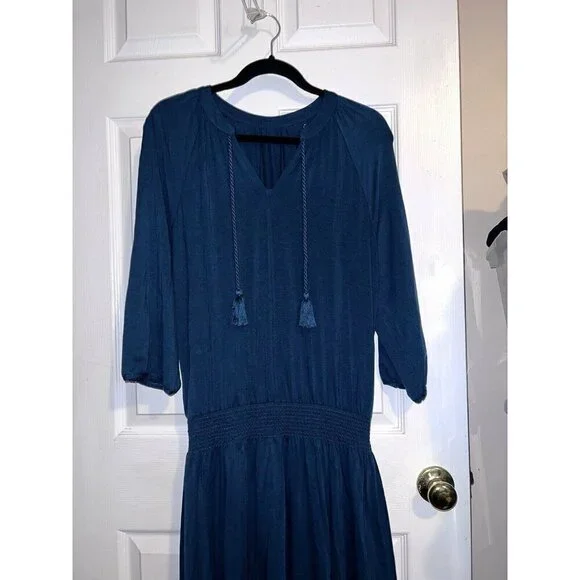 NWT GARNET HI V-neck 3/4 Sleeve Smock Waist Teal Tencell Blend Dress Sz S Boho - Picture 3 of 14